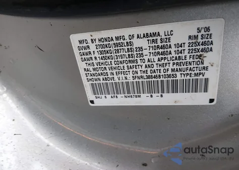 2006 Honda Odyssey Touring z USA, uszkodzony, nr VIN 5FNRL38846B103653